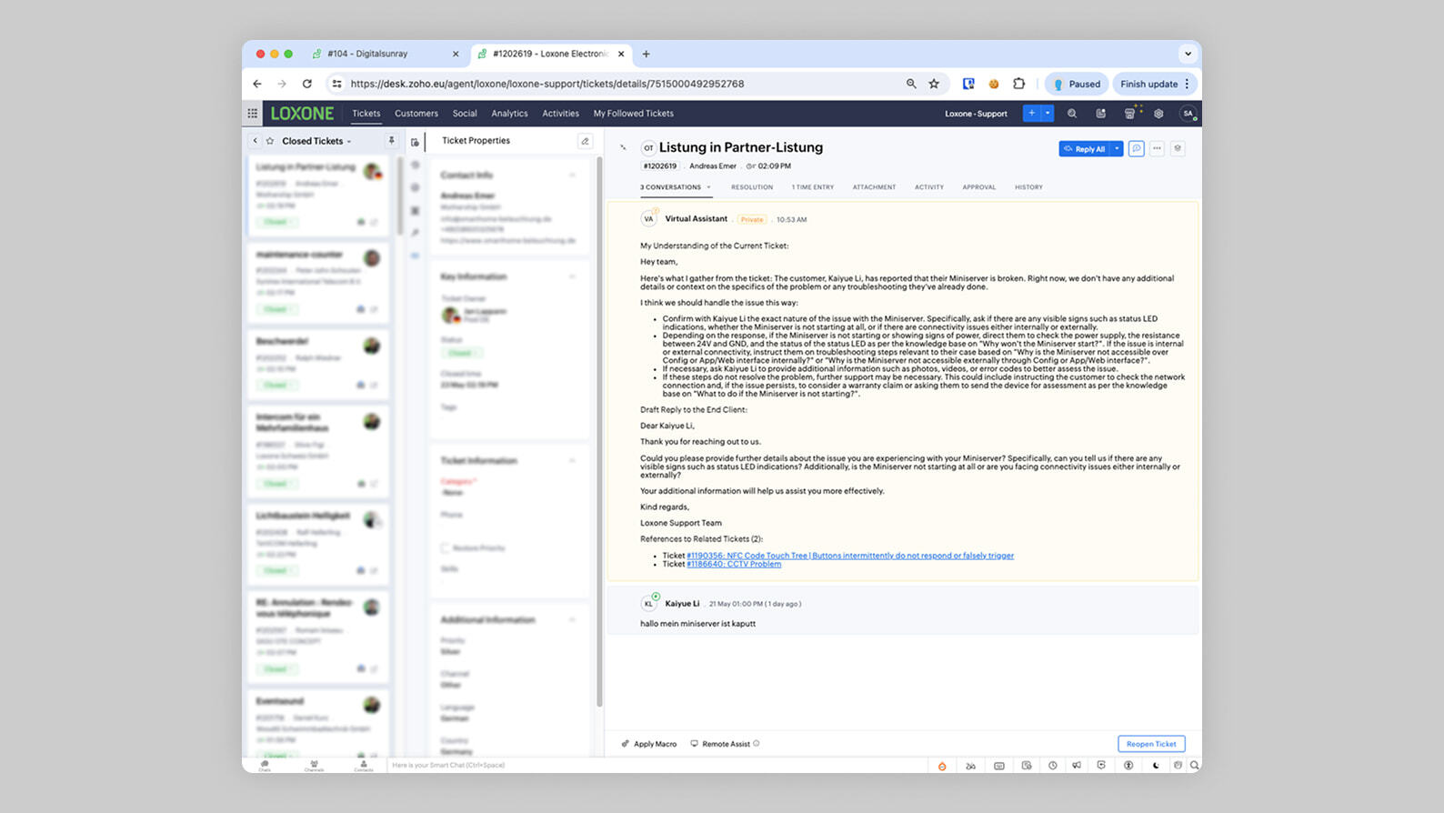 Image Beispiel einer vom Customer Service Assistant generierten Antwort min